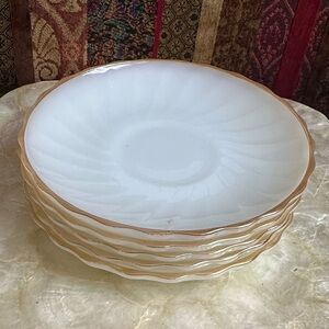 Five Anchor Hocking Milk Glass gold trimmed saucers Vintage